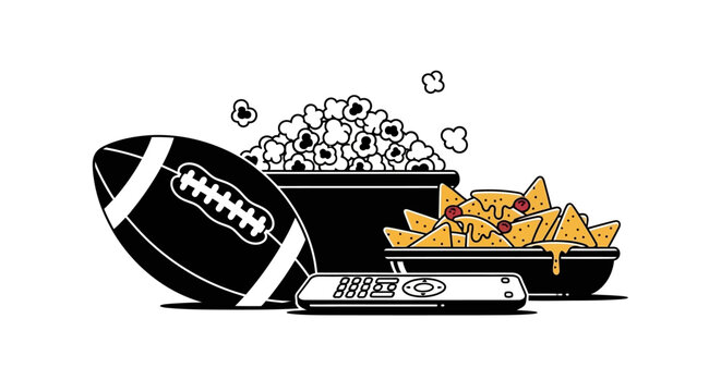 American Football Game Day Snacks and Remote Control on White Background