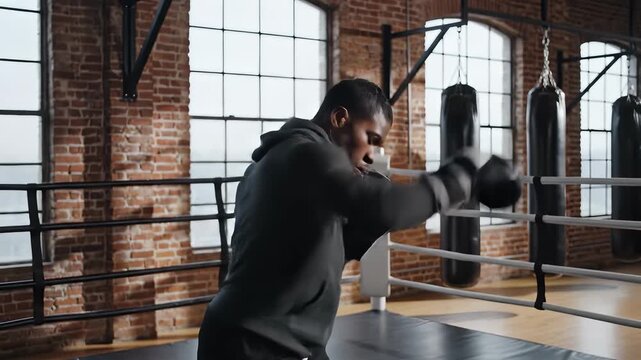 Man practices boxing techniques in gym with focus on footwork and hand movements. Modern space with large windows. Concept of fitness, sports training, healthy lifestyle