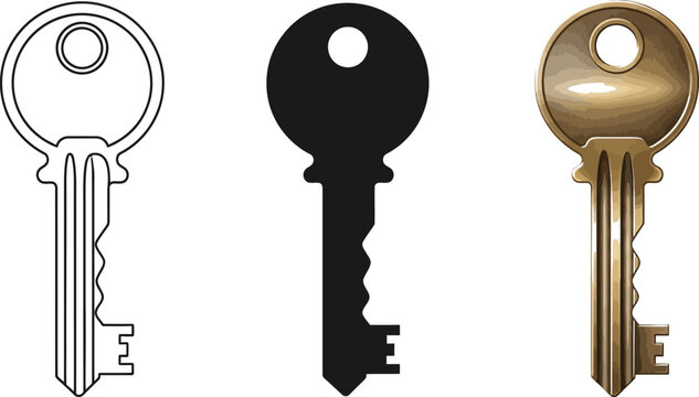 Collection of three keys outline silhouette and realistic metallic design representing security access and solutions isolated on white background