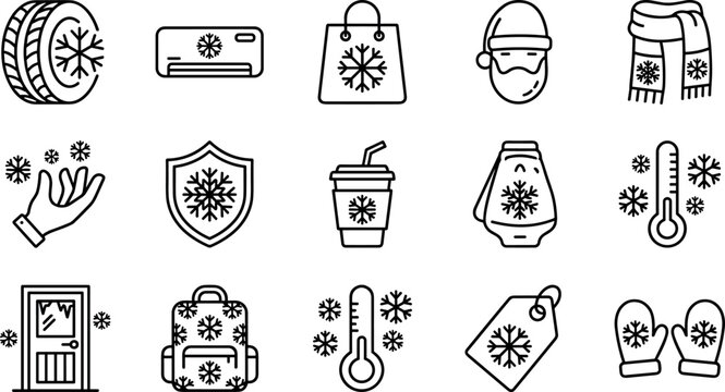 Collection of winter line icons featuring winter tires, air conditioning snowflakes, cold weather clothes, and freezing thermometers isolated on white background.