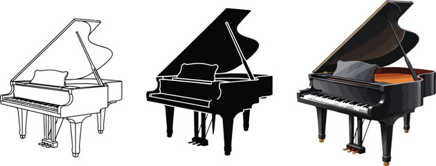Collection of grand piano illustrations including line art silhouette and realistic rendering perfect for music concepts and design elements © Zohaib