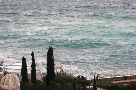 Moody coastal scene with choppy turquoise waves hitting a shoreline terrace lined with tall cypress trees. A small pier and flag stand near the water under cloudy, windy conditions.