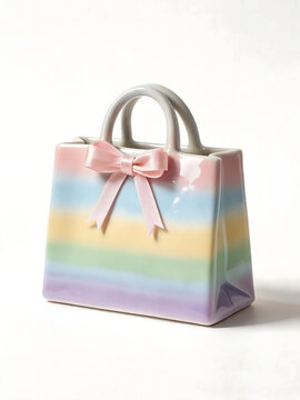 Dreamy macaron gradient glaze handbag collection, single bag and three mini bags group display, matching colorful satin ribbon bow decoration, clean light white backdrop, cosmetic and jewelry gift wra