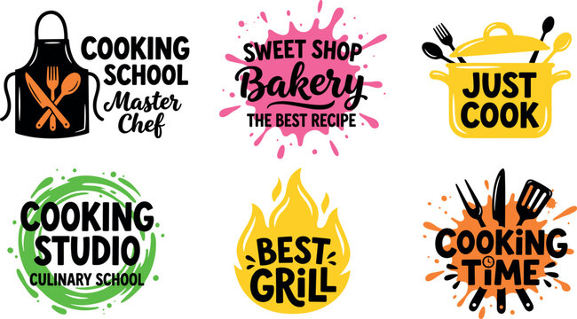 Set of colorful culinary badges and cooking school logos featuring chef apron, bakery splash, boiling pot, and grill flame illustrations.