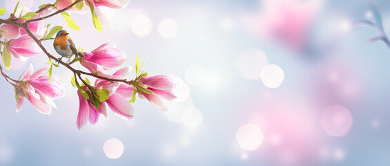 Fototapeta premium Robin bird perched on magnolia flower branch in spring fairy tale blooming garden on mysterious floral soft blurred background with boke, nature landscape, wide panoramic banner with cute songbird.