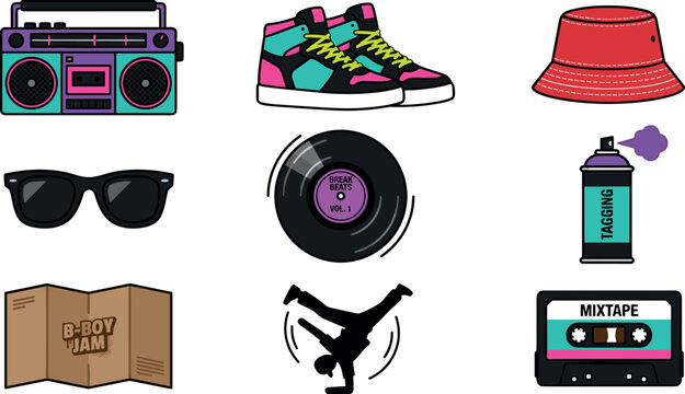 Retro Hip Hop Culture Vector Set with Boombox Radio High Top Sneakers Bucket Hat Sunglasses Vinyl Record Spray Paint Breakdancer and Cassette Tape