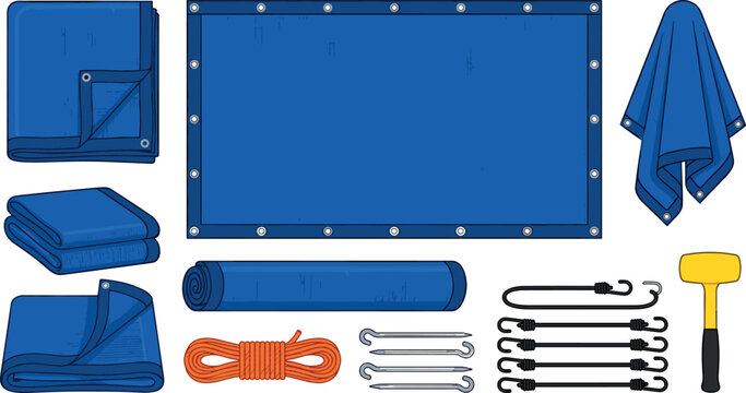 Blue Waterproof Tarp Vector Set with Heavy Duty Tarpaulin Canvas Grommets Ropes Bungee Cords and Camping Pegs for Construction Equipment and Outdoor Gear Designs