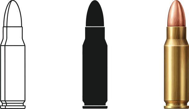 Set of three ammunition cartridges outline silhouette and realistic vector illustration for military or hunting concepts isolated on white