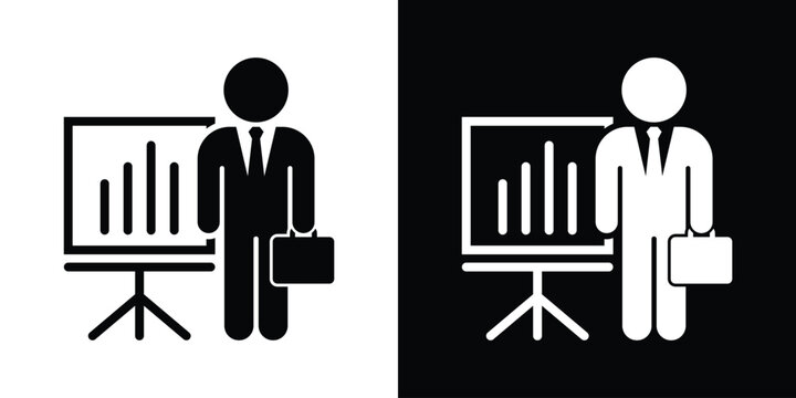 Professional businessman with briefcase standing next to data chart presentation board. Executive corporate officer or financial analyst icon in black and white graphic.