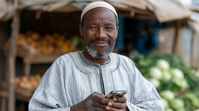 Unbanked street vendor in outdoor market accepting mobile money transfer for first time, feature phone in weathered hands, colorful produce stall backdrop, financial inclusion milestone expression, 