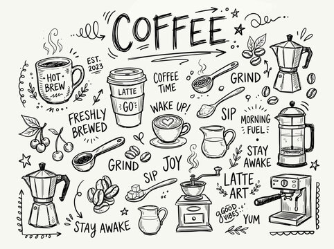 Coffee cup with coffee beans around.