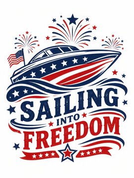 Sailing into freedom boat with american flag celebrating independence day with fireworks.