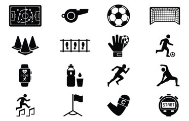 Soccer training icons set with tactics whistle ball goal cones ladder glove vector illustration © RAKIB