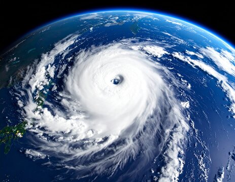気象衛星の視点から捉えられた、激しく渦巻く超大型台風の目と地球の輪郭