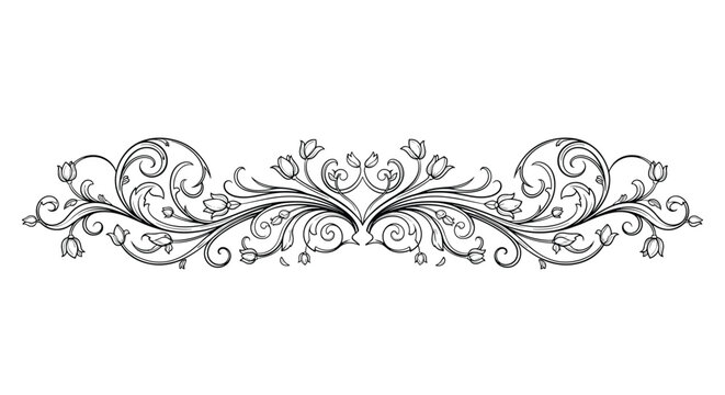 Vintage style decorative black and white floral border divider with elegant leaf scrolls and flower accents.