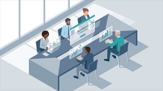 Business teamwork and corporate data analysis isometric vector illustration