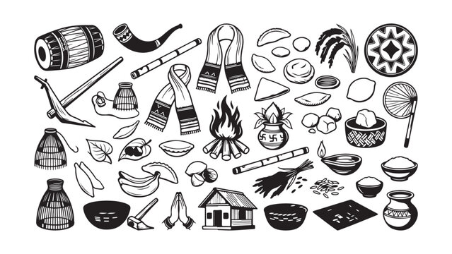 Assamese Cultural Heritage and Bihu Festival Silhouette Icon Set