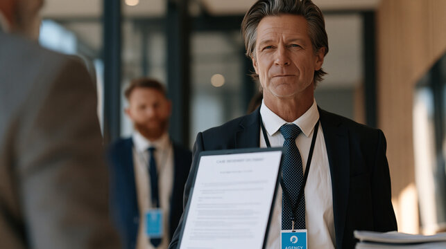 Regulatory agency enforcement action scene, two suited officials presenting a cease and desist order to a tense executive in a glass conference room, agency logo badge visible on a lanyard, legal do