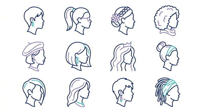 Illustrations of Various Hairstyles and Hair Accessories