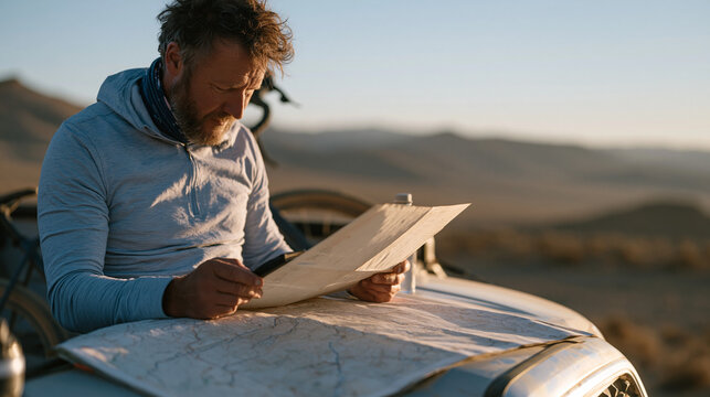 Gravel cycling route planning at remote trailhead with rider consulting paper route sheet and GPS device simultaneously, bike propped against truck tailgate, topographic map weighted with water bott