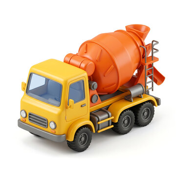 3D cartoon concrete mixer truck toy isolated on white background, yellow and orange construction vehicle render