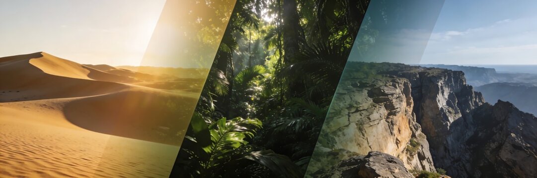 Split the screen to show the changing landscape: golden sand desert, deep forest, and rocky cliffs.