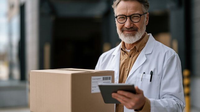 Cold chain verified specialty drug shipment being received by hospital pharmacy technician, temperature excursion indicator checked on biologics package before acceptance, loading dock area of acade