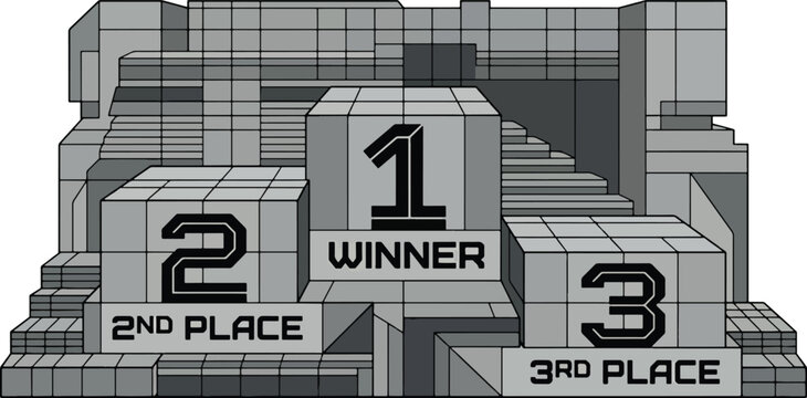 Retro futuristic winners podium with grey geometric blocks and bold numbers for sports competition.