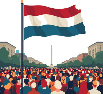 Crowd Gathering with Flag and Monument &mdash; Patriotic Illustration Representing Unity, Celebration, and National Pride