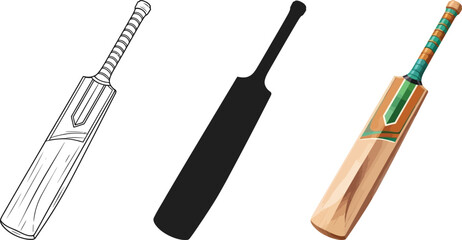 Fototapeta premium Collection of cricket bats including a line drawing silhouette and realistic illustration perfect for sports design and equipment concepts