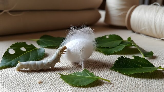 Silkworm crawls near a white cocoon resting on green mulberry leaves atop a textured fabric surface.