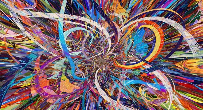 Abstract explosion of vibrant colorful lines creates a dynamic energy field across the horizontal frame.