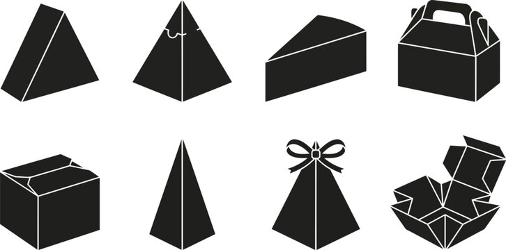 Product packaging box and gift container vector icon set, black silhouettes of paper food boxes and carton mockups isolated on white background