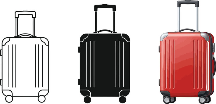 Collection of rolling suitcases in outline silhouette and realistic styles representing travel and luggage for tourism and business trips