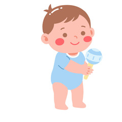 Fototapeta premium Baby Boy Holding Rattle Toy Nursery Cartoon Character