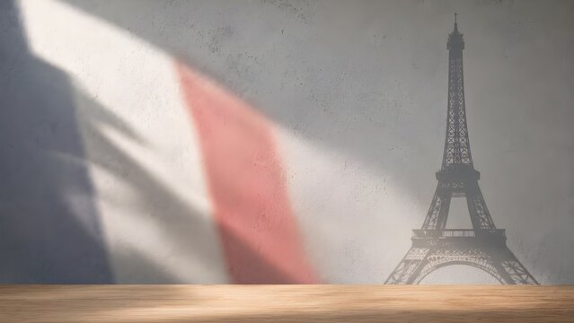 Minimalist Bastille Day Sale Backdrop with Eiffel Tower Shadow on Grey Micro-Cement Wall with Text Space