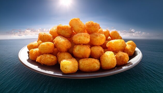 aerial view of crispy golden tater tots pile drone photography stock photo