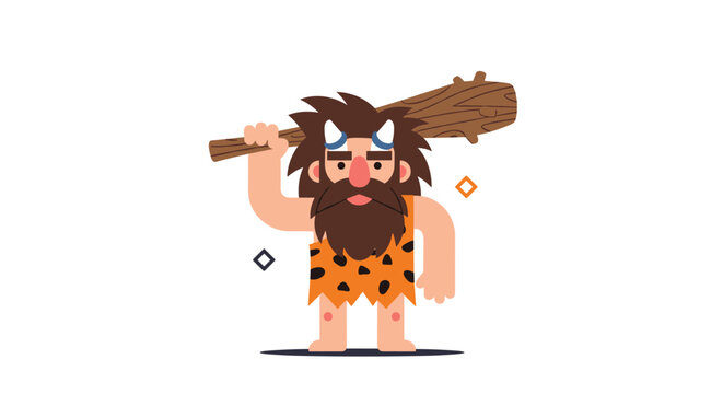 Cartoon illustration of a prehistoric caveman with a large beard holding a wooden club and wearing animal skin.