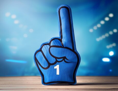 blue foam finger with number one symbol for victory and success in sports and business