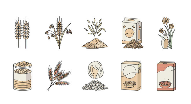 Assorted icons related to grains and cereals including wheat stalks, oatmeal jars, boxes of flakes, and sunflower oil bottles in soft colors.