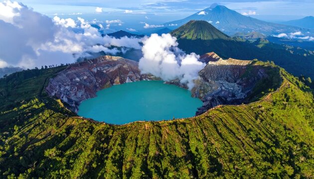 Aerial view of Kawah Ijen crater lake in Indonesia.