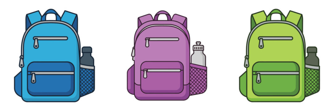 Set of colorful school backpacks blue, purple, and green rucksacks with water bottles in side mesh pockets vector illustration of schoolbags for kids and students