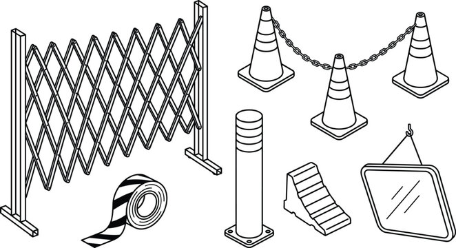 Isometric Road Construction and Warehouse Safety Equipment Set Featuring Expandable Barrier Traffic Cones Striped Tape Bollard Wheel Chock and Security Mirror