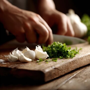 hands chopping garlic and parsley on wooden cutting board cooking preparation close up