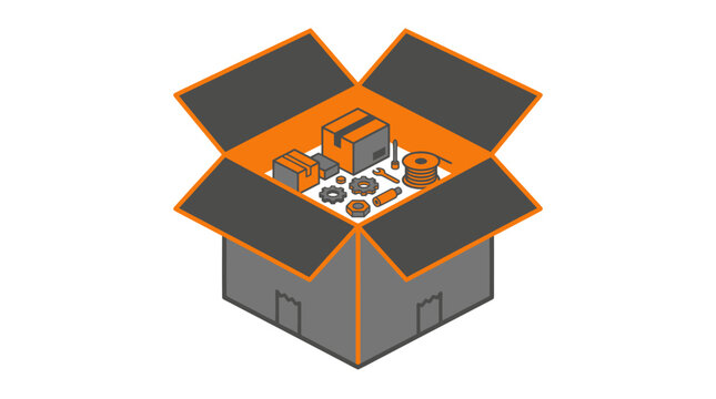 Open Box with Tools and Parts Vector Illustration
