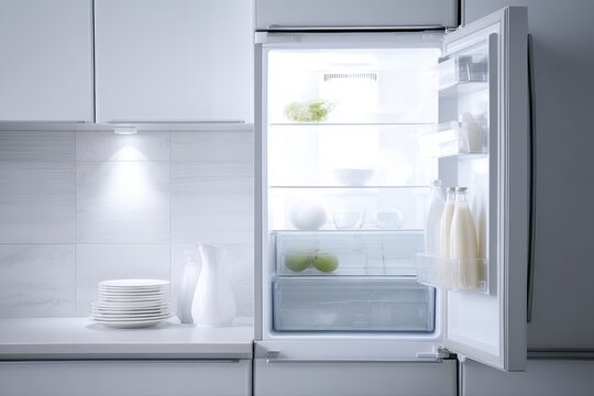 smart refrigerator displaying digital inventory system in clean modern kitchen environment
