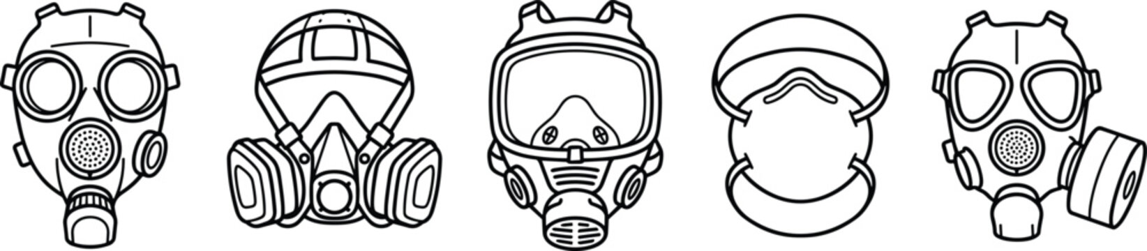 Respiratory Protection Equipment Icon Set Featuring Military Gas Masks Industrial Respirators Chemical Filters and Dust N95 Masks for Personal Safety Concepts