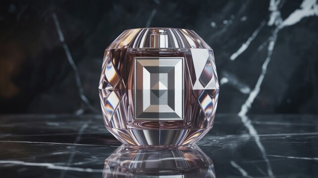 Elegant glass perfume bottle with geometric faceted design and reflective surfaces isolated on transparent background