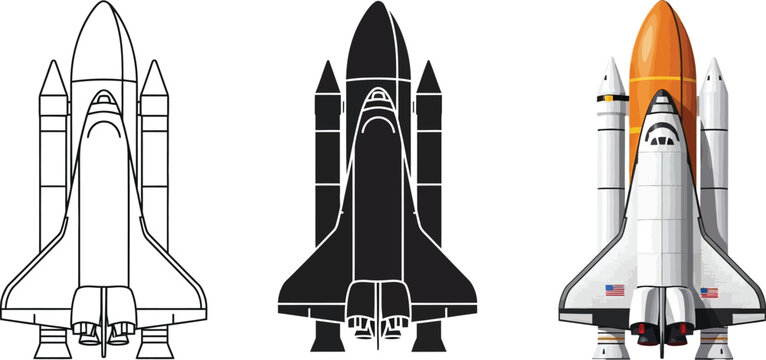 Space shuttle collection with line art silhouette and full color illustration representing space exploration and aerospace technology