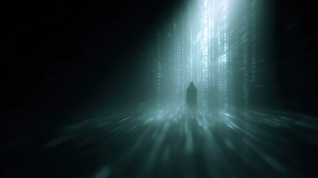 anonymous hacker surrounded by glowing digital code streams cybersecurity threat concept